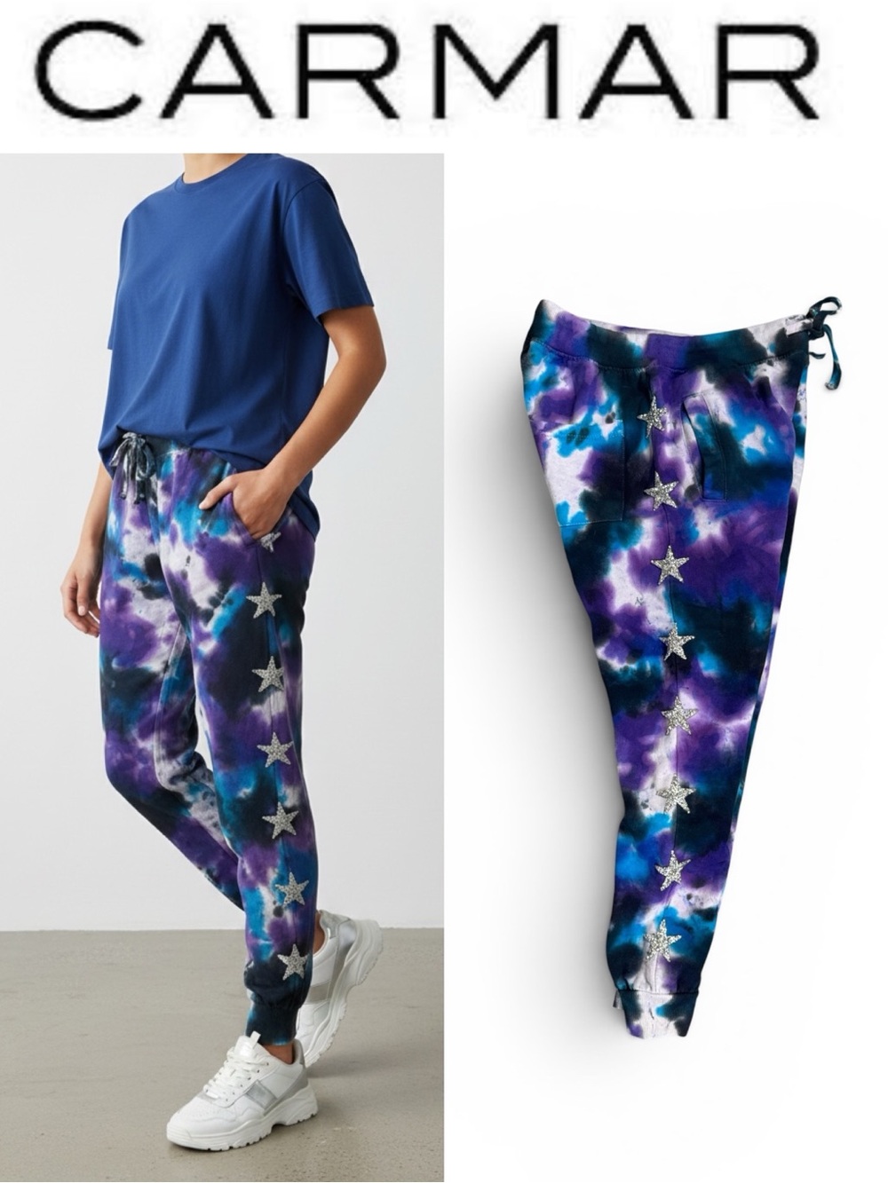 CARMAR TIE DYE METALLIC STAR JOGGER SWEATPANTS BLUE PURPLE GALAXY PRINT SIZE S